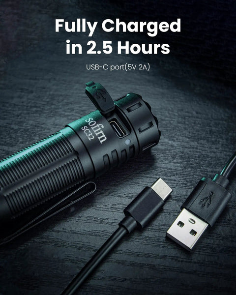 SC32 Pocket Size EDC Flashlight 2000 Lumens Rechargeable SST40 LED 5000K Tail E Switch Ultra Compact Torch with USB-C cable