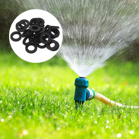 Premium 80PC Black Silicone Garden Hose Washers And O Rings For Faucet Connectors. Tight Seal That Handles Any Weather Without Leaking. Replace Old Rubber Gaskets Now To Save Water And Keep Your Hoses Running Smooth As Butter This Season. Durable Fit For. black silicone washers in pile with garden hose sprinkler leak seal