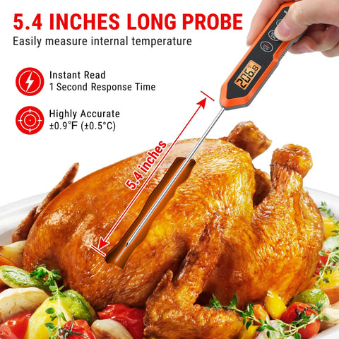 Waterproof Instant Read Meat Thermometer with 5.4 inch stainless steel probe inserted into roasted turkey