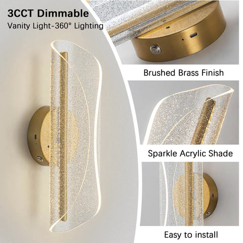 Bosomfr 14.8in Wall Sconces Rechargeable Battery Operated Wall Light with brushed brass finish and sparkle acrylic shade.