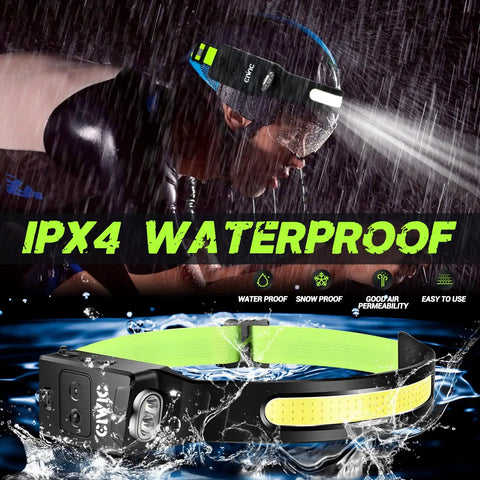Rechargeable LED Headlamp 1200 Lumens With Motion Sensor 230 Degree COB Wide Beam 6 Lighting Modes tested in rain waterproof