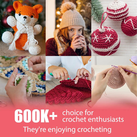 85-Piece Crochet Hooks Kit With Case in use by enthusiasts, featuring a cozy knit, holiday ornaments, and a crocheted stuffed animal.