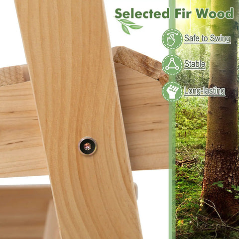 Outdoor Fir Wood Glider Chair With Hidden Rotatable Cup Holder And Curved Seat For Porch Patio And Backyard Natural Finish Noiseless Swing For Pure Chill And Cozy Vibe with close-up of selected fir wood and durability features.