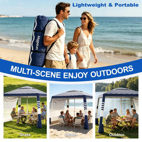 Family walking on beach with Beach Cabana Sun Shade Tent 8x8 Ft Portable Canopy With UPF 50 Plus Silver Coated Fabric, Navy Stripes.