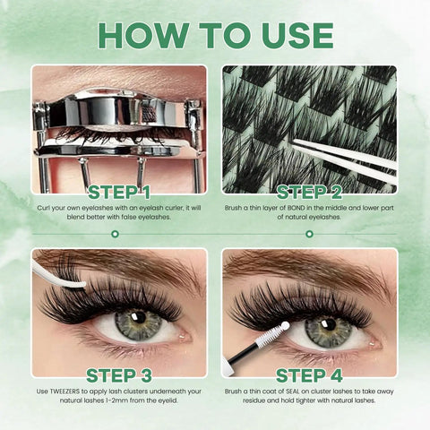 Instructions for using Enchantress Lash Clusters Kit For DIY Lash Extensions with tools and steps shown in images.