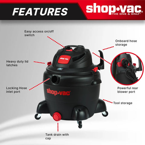 Badass 16 Gallon Wet Dry Utility Vacuum Featuring A Gutsy 6.5 Peak Horsepower Motor Tough As Nails Build And Extended Hose For No Sweat Garage Shop Cleanup features easy access on/off switch, heavy duty lid latches.