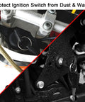 Close-up of 4 wire ignition switch with key, plug and play universal fit for TaoTao ATVs and bikes, focusing on dust protection.
