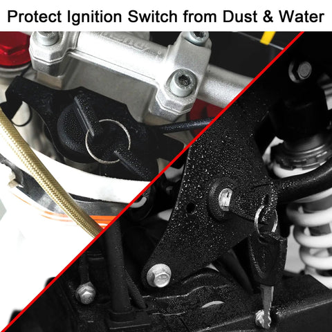 Close-up of 4 wire ignition switch with key, plug and play universal fit for TaoTao ATVs and bikes, focusing on dust protection.