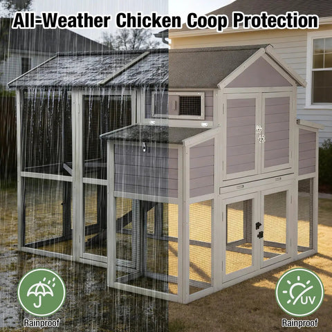 Large Backyard Chicken And Duck Coop With Run For 8 To 10 Birds Wooden Hen House 75.7 Inch Tall All Weather Fir Wood Shelter under rain