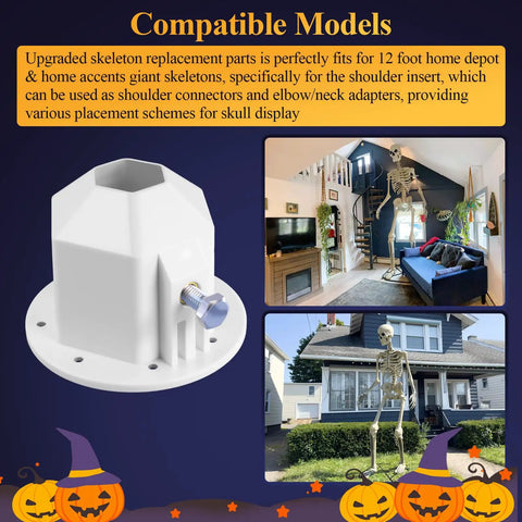Shoulder Insert for 12 Ft Giant Skeletons With Hex Nails Two Pack Upgraded Replacement Connector for Shoulders Elbow and Neck Adapter Fits Home Depot Giant Skeletons shown with compatible models and displays