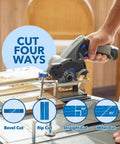 Badass Portable 12V Cordless Circular Saw Station shown cutting wood with bevel, rip, straight, miter guides on the table.