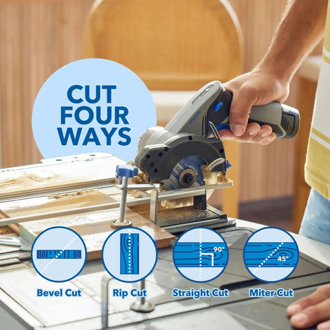 Badass Portable 12V Cordless Circular Saw Station shown cutting wood with bevel, rip, straight, miter guides on the table.