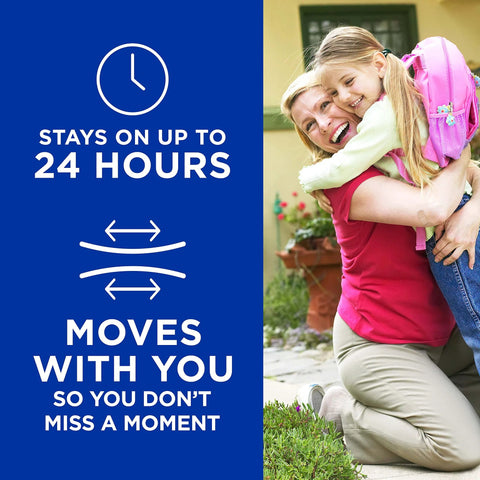 Band-Aid Brand flexible fabric adhesive bandages — blue panel with stay-on 24 hours text; shows mother hugging daughter.