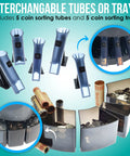 Efficient Coin Counter Sorter and Wrapper Machine with interchangeable tubes and trays for sorting and wrapping coins