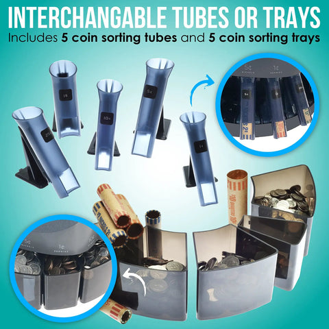 Efficient Coin Counter Sorter and Wrapper Machine with interchangeable tubes and trays for sorting and wrapping coins