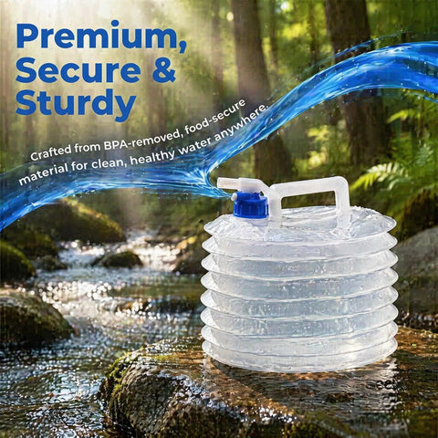 Leakproof Spigot Collapsible Water Container With Handle Accordion Foldable Jug, 15L, BPA-free, with blue spigot in forest setting.