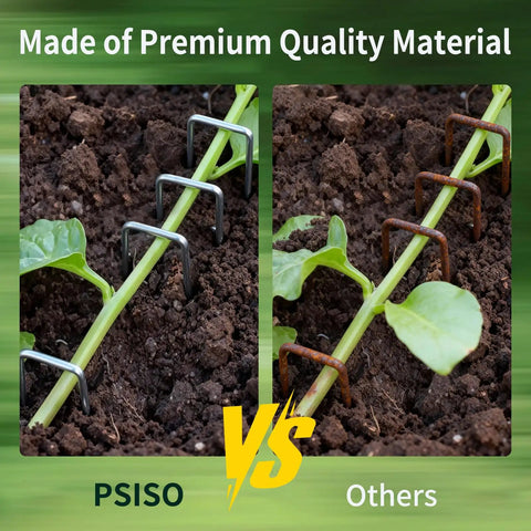 Comparison of 57 Pack 4 Inch Galvanized U Shaped Garden Stakes and rusty stakes securing plants