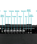 Front panel of 40 Watt 1x10 Guitar Combo Amp with Spring Reverb, showing controls for gain, volume, treble, bass, and reverb.
