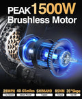 Electric Fat Tire E-Bike For Adults And Teens With 1500W Peak Motor, blue brushless motor display, close-up view.