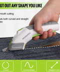WORKPRO Cordless Electric Scissors With Dual Sharp Blades cutting through textured carpet, ideal for smooth, curved, and straight shapes.