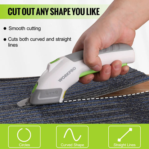 WORKPRO Cordless Electric Scissors With Dual Sharp Blades cutting through textured carpet, ideal for smooth, curved, and straight shapes.