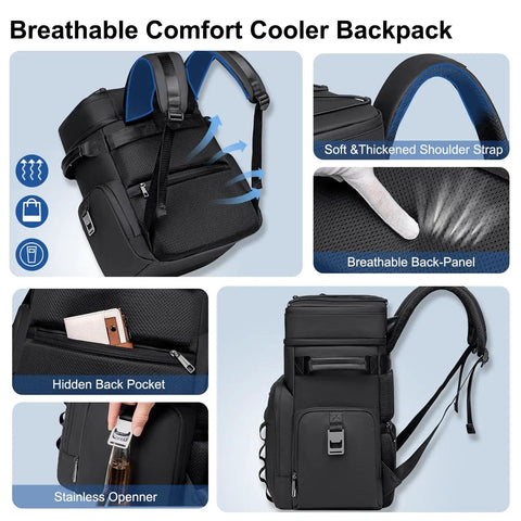 Black insulated cooler backpack with leakproof lining, double deck design, breathable straps, and hidden pocket for travel, 31L capacity.