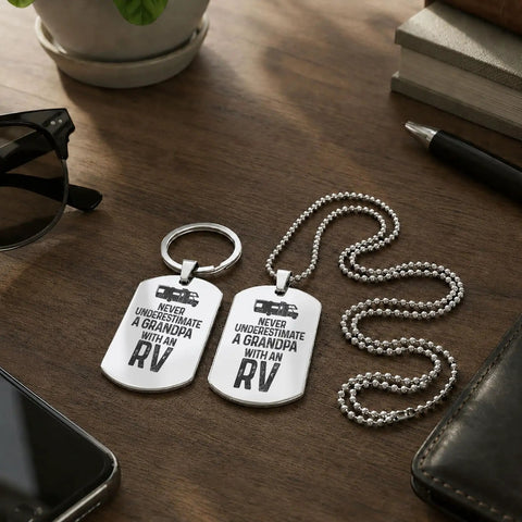 Never Underestimate A Grandpa RV Dog Tag Keychain Matching Set Stainless Steel Two Identical Pendants On Wooden Table