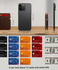 Dimensions of Slim Pop Up Card Holder Wallet For Men With RFID Blocking Aluminum Build, shown with cards and cash capacity.