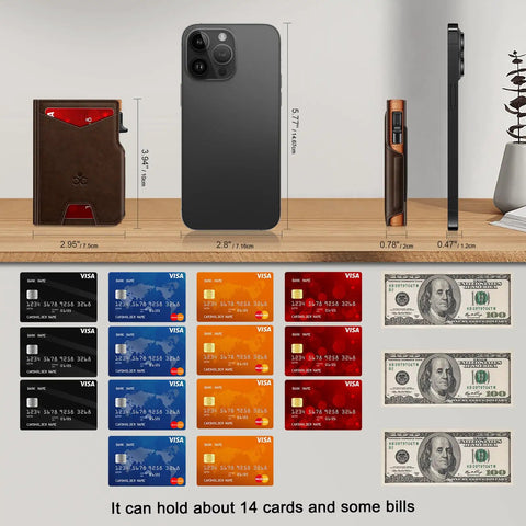 Dimensions of Slim Pop Up Card Holder Wallet For Men With RFID Blocking Aluminum Build, shown with cards and cash capacity.