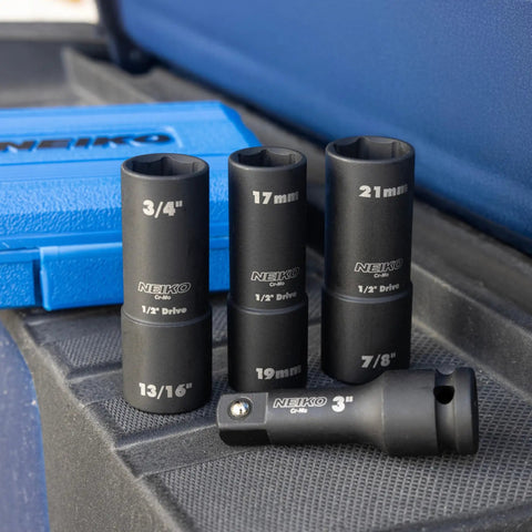 Torque Limiting Extension Bar And Deep Impact Metric Socket Set Half Inch Drive CrMo Beefy 8 Piece with sockets and case