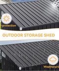 Close-up of metal sloped roof of 4x8 Outdoor Storage Shed With Triple Lockable Doors, highlighting UV protection and weatherproof features.