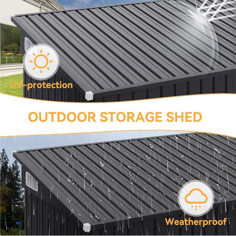 Close-up of metal sloped roof of 4x8 Outdoor Storage Shed With Triple Lockable Doors, highlighting UV protection and weatherproof features.