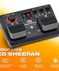 Dual Track Looper Pedal For Guitar Bass Keyboard And Vocals with color LED screen and controls on orange background.