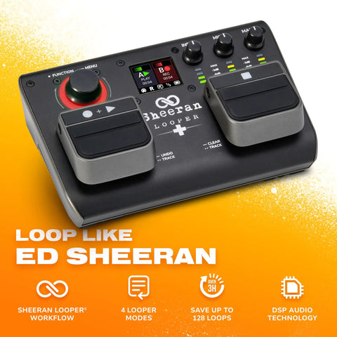 Dual Track Looper Pedal For Guitar Bass Keyboard And Vocals with color LED screen and controls on orange background.