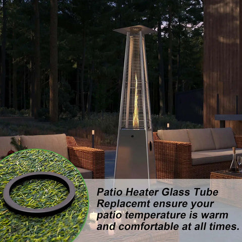 Glass Tube Replacement For Patio Heaters 49.5 Inch Tall 4 Inch Diameter With Silicone Connecting Ring next to outdoor heater.