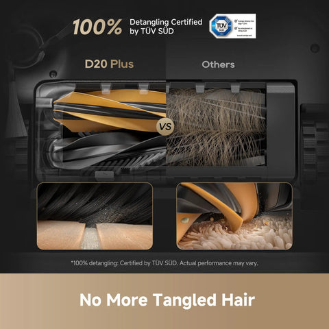 D20 Plus Robot Vacuum comparison showing no tangled hair with 100% detangling certified by TÜV SÜD