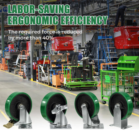 Four green 5-inch industrial caster wheels with silver steel brackets, front view.