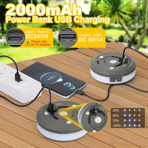 Rechargeable Camping String Lights 32.8ft With 8 Lighting Modes, Waterproof LED Tent Lights for charging on wooden table