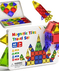 On The Go Magnetic Tiles For Kids 40Pcs STEM Building Blocks With Visual Storage Guide And Metal Travel Box Play Base