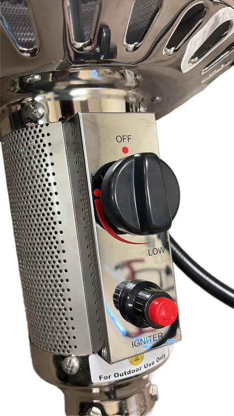 Close-up of OEM Stainless Steel Burner Assembly Head Unit for Round Top Patio Heaters with control knobs visible
