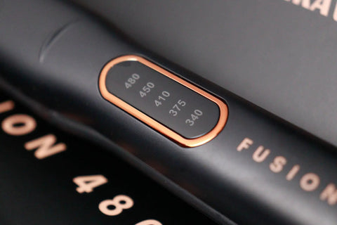 Close-up of Fusion 480 Hair Straightener temperature control and branding