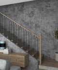 Staircase area with thick grey blue concrete wallpaper peel and stick 24 by 354 inches waterproof vinyl cement contact paper.