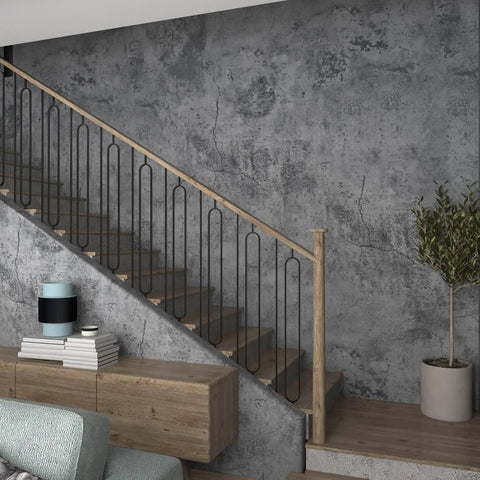 Staircase area with thick grey blue concrete wallpaper peel and stick 24 by 354 inches waterproof vinyl cement contact paper.