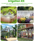 Image of 240 ft drip irrigation system with 36 nozzles in raised beds, garden, greenhouse, and outdoor cooling setup.