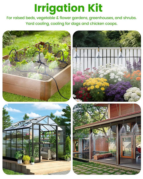 Image of 240 ft drip irrigation system with 36 nozzles in raised beds, garden, greenhouse, and outdoor cooling setup.