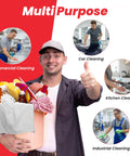 Smiling man holding cleaning products with text "Multi Purpose" and circles showing commercial, car, kitchen, and industrial cleaning.