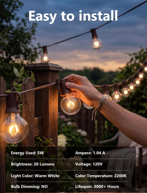 Person installing G40 Replacement Bulbs 120V 5W Incandescent Globe Bulbs, 1.5 Inch, outdoor string lights in garden