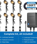 All In One Low Voltage Landscape Lighting Kit With 60W Transformer, Eight 6W Anti Glare Spotlight Heads, 100 Ft Wire, 8 Pack.