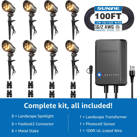 All In One Low Voltage Landscape Lighting Kit With 60W Transformer, Eight 6W Anti Glare Spotlight Heads, 100 Ft Wire, 8 Pack.