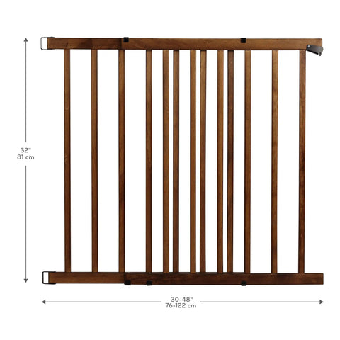 Front view of Walk-Thru Top Of Stairs Baby Gate Farmhouse Collection Expands From 30 To 48 Inch Openings, 32 Inch Tall, wooden design.
